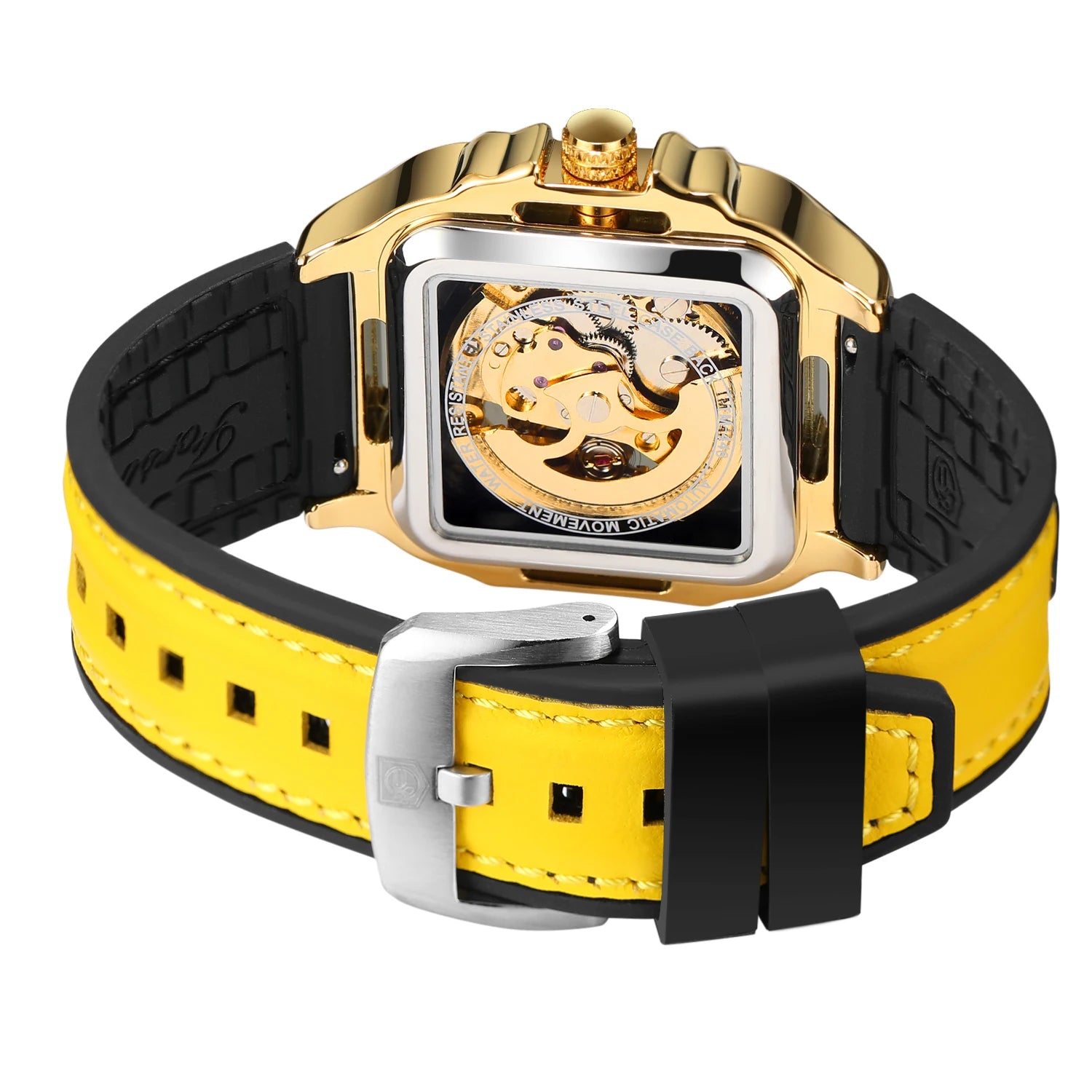 FORSINING Original Square Skeleton Mechanical Man Wristwatches Automatic Movement Field Sports Waterproof Silicone Replica Watch - Uknowucme