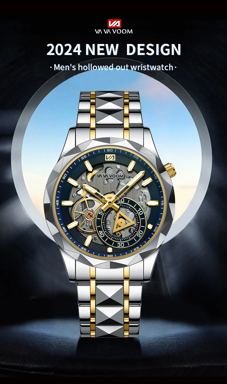 VA VA VOOM Stainless Steel Mens Quartz Watch With 41mm Hollowed Out Dial Quartz Movement Luminous Gold Luxurious Men Wristwatch - Uknowucme