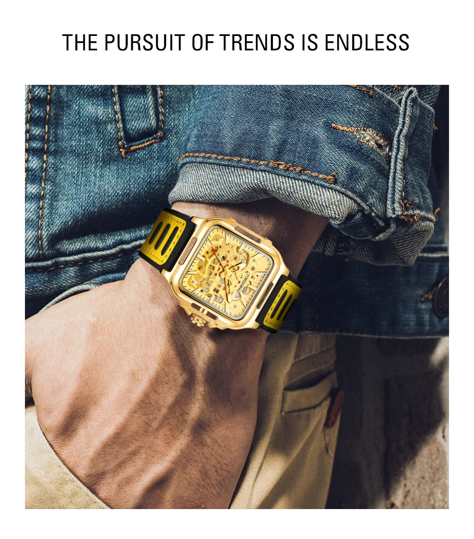FORSINING Original Square Skeleton Mechanical Man Wristwatches Automatic Movement Field Sports Waterproof Silicone Replica Watch - Uknowucme