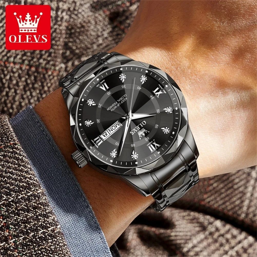 OLEVS 5609 Men's Watches Rhombus Design Black Stainless steel Calendar Week Waterproof Luminous Original Quartz Watches for Men