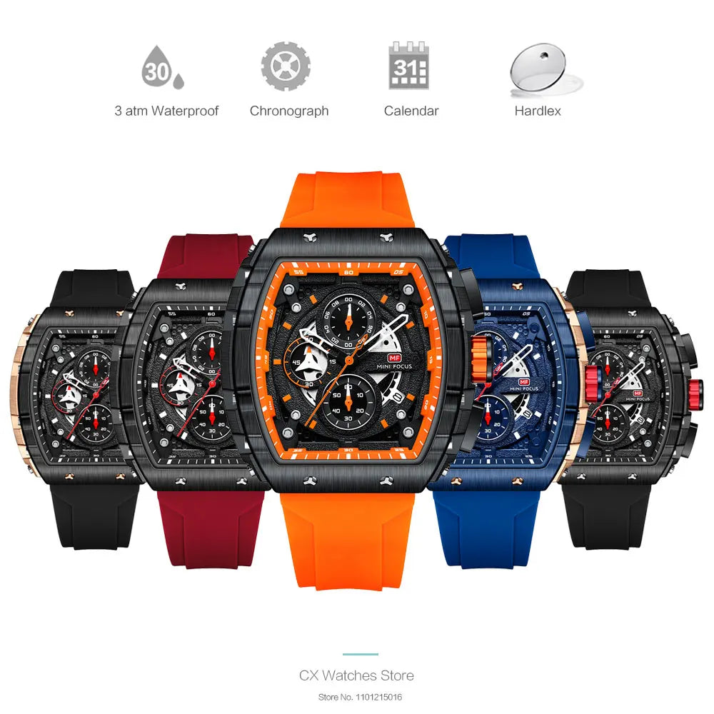 MINI FOCUS Chronograph Quartz Watch for Men Tonneau Dial Military Sport Wristwatch with Orange Silicone Strap Auto Date 0399 - Uknowucme