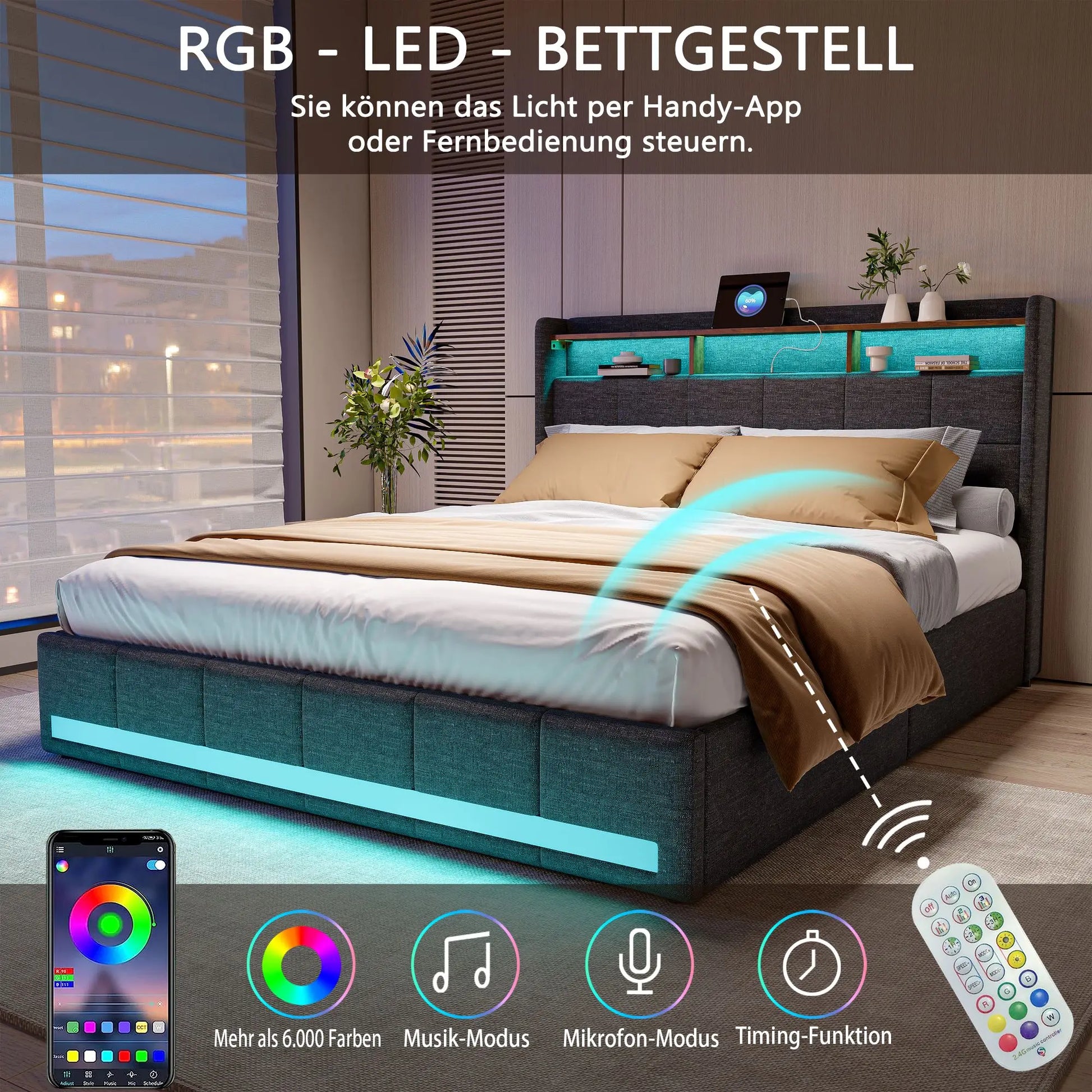 Creahappy Twin Bed Frame - Upholstered bed in grey - With USB charging port - With LED lighting - Storage drawers on both sides - Uknowucme