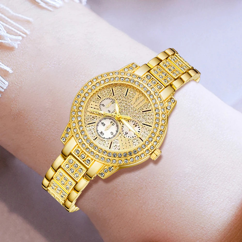 Women's Quartz Watch Gold Luxury Women Ring Necklace Earring Rhinestone Fashion Wristwatch Casual Ladies Watches Jewelry Set ﻿ - Uknowucme
