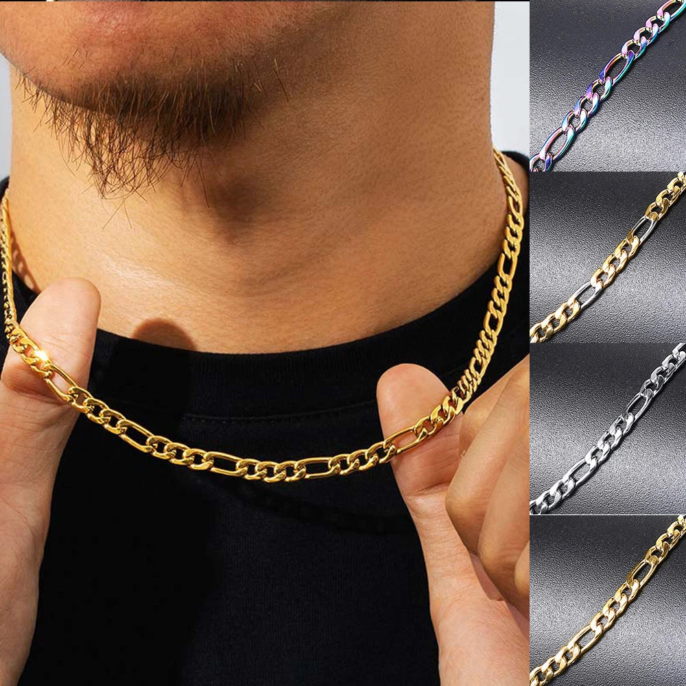 Men 's Figaro Chain Necklace Stainless Steel Minimalist 3mm 60cm Gold Color Fashion New Hip Hop Jewelry Gift Collar Hombres - Uknowucme