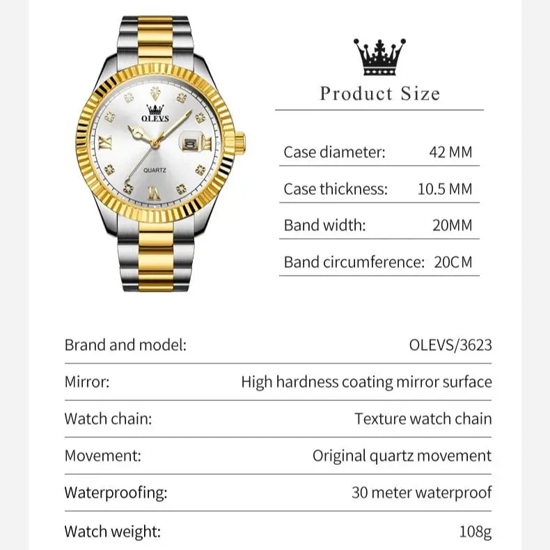 OLEVS 3623 Men's Watches Business Luxury Diamond Roman Scale Waterproof Luminous Stainless steel Gold Wristwatches Man