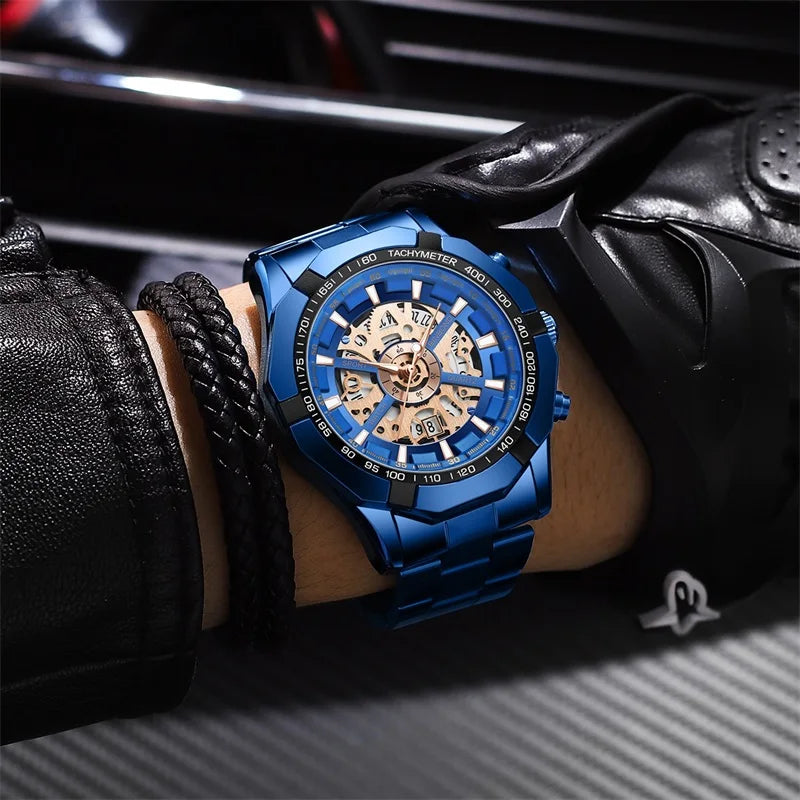 2025 Mens Quartz Watches Top Brand Luxury Stainless Steel Waterproof Hollow Out Blue Big Male Wristwatches Relogio Masculino - Uknowucme