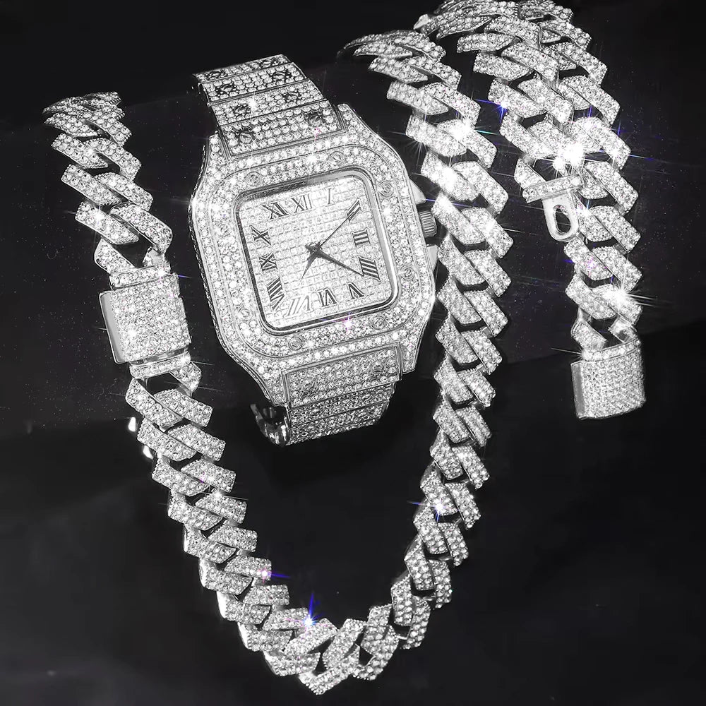 3pcs Men's Watch Set Hip-hop Punk Inlay Diamond Square Watch+Cuban Chain+Bracelet Comes With Strap Adjuster Stylish Jewelry Gift - Uknowucme