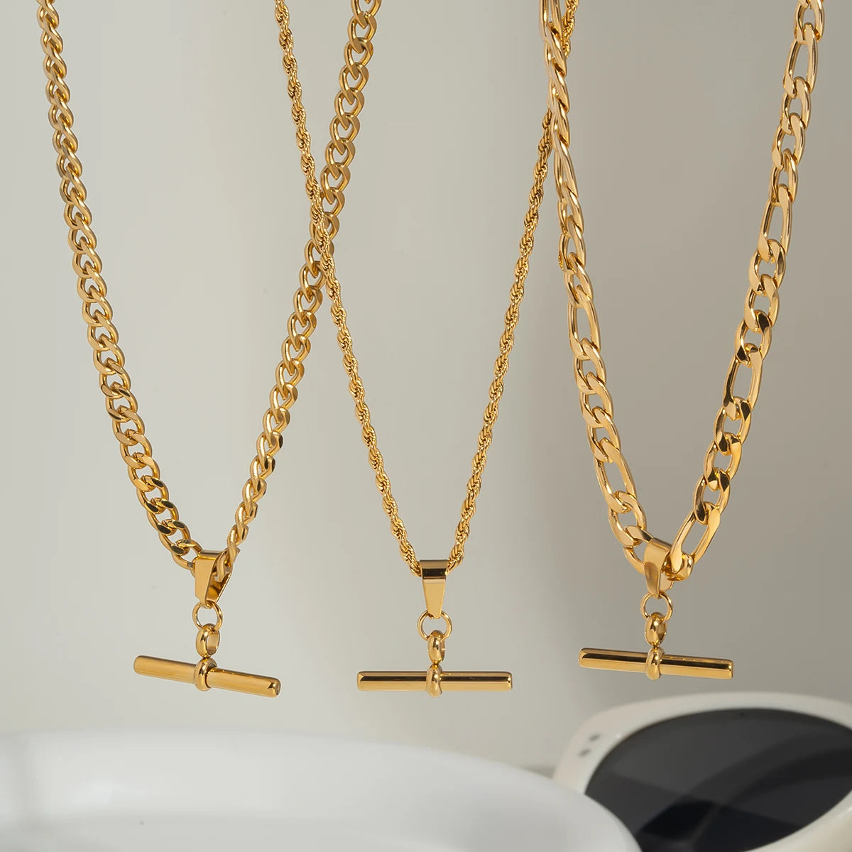 18K Gold Plated Figaro Cuban Chain T-bar Pendant Necklace for Women Stainless Steel Waterproof Party Charm Jewelry - Uknowucme