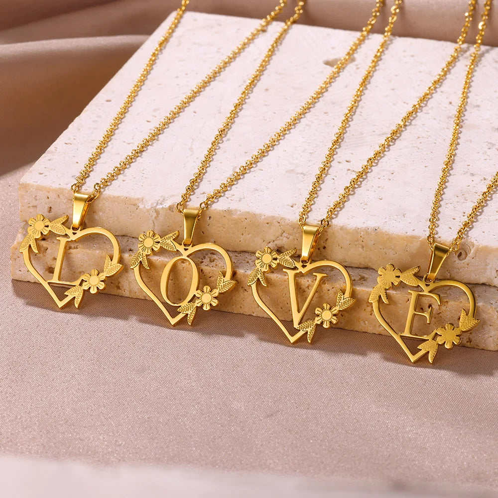 Gold Color Dainty Flower Initials Necklace Women Girl Stainless Steel Heart Letter Choker Necklace Best Gifts Alphabet Jewelry - Uknowucme