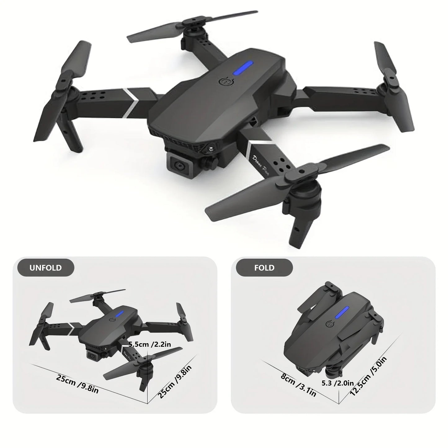 E88 Drone with Dual 4K HD Cameras,  Wi-Fi, USB Charging, 1181.1inch Max Altitude, 3m/s Speed, One-Click Return,  No GPS，4k drone