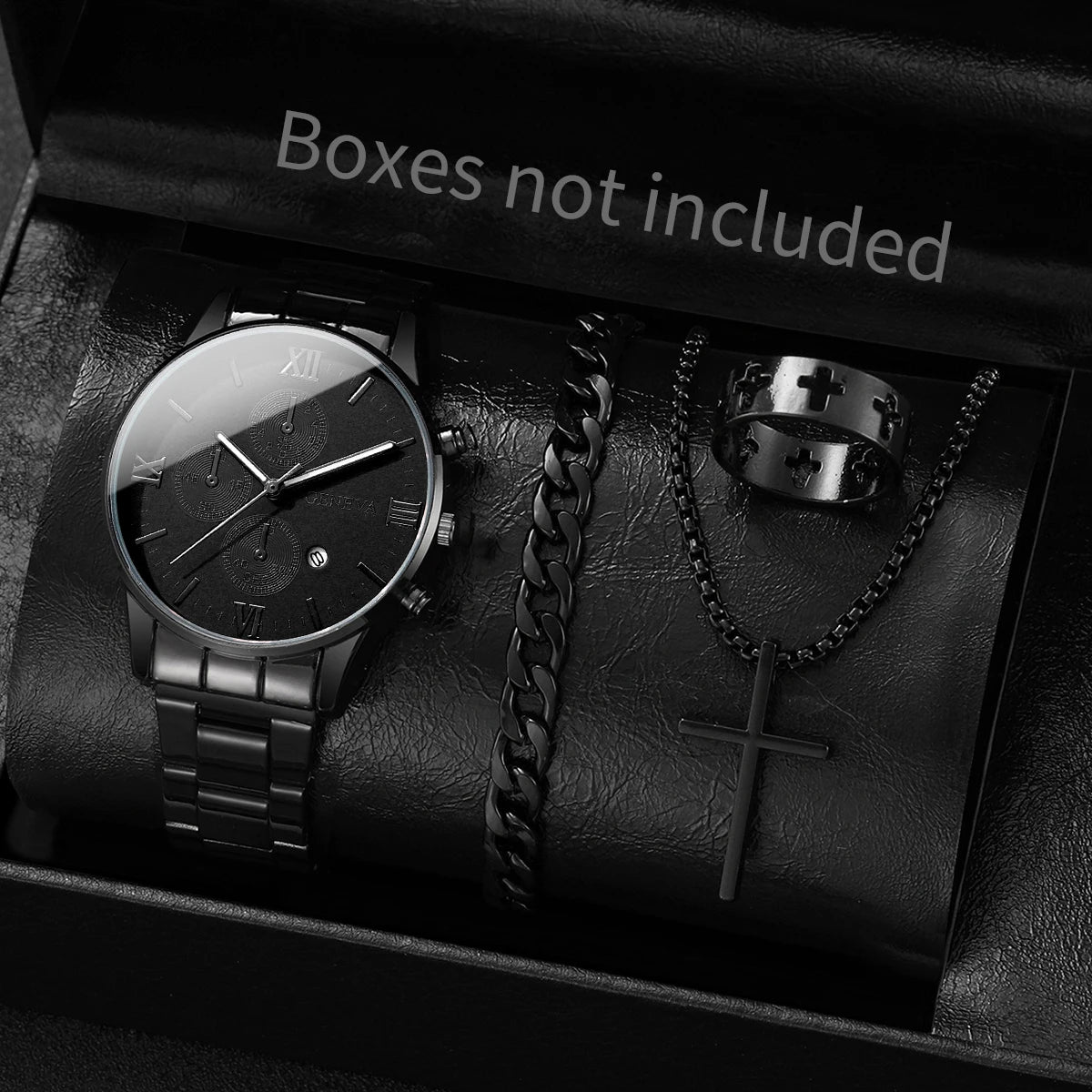 4PCS/Set Luxury Men's Calendar Watch Fashion Roma Dial Men Business Quartz Watches Jewelry Set Reloj Hombre（Without Box） - Uknowucme