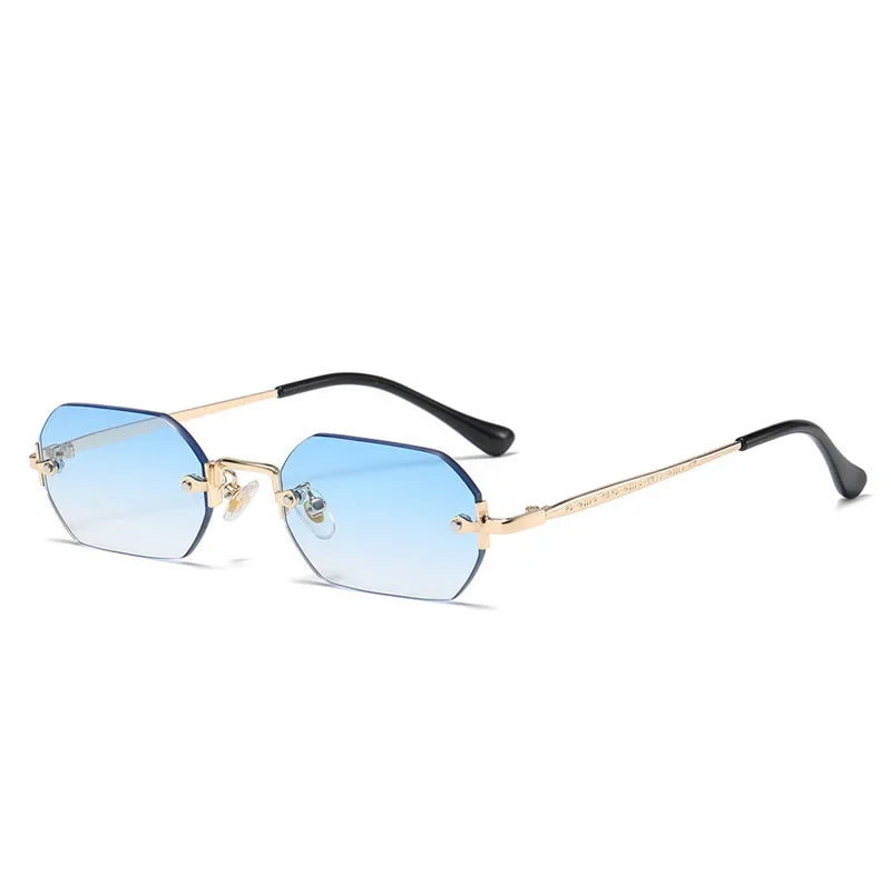 Rimless Rectangle Sunglasses Small Men Glasses Women Metal Gold Polygon Blue Shades 2024 UV400 Frameless - Uknowucme