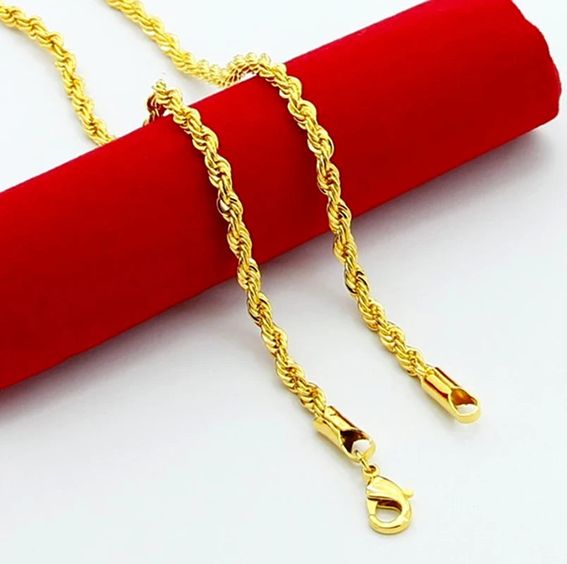 AGTEFFER Hip Hop 24K Gold Necklace 3MM Twisted Rope Twist Electroplating Gold Necklace for Men Women Wedding Jewelry Gifts - Uknowucme