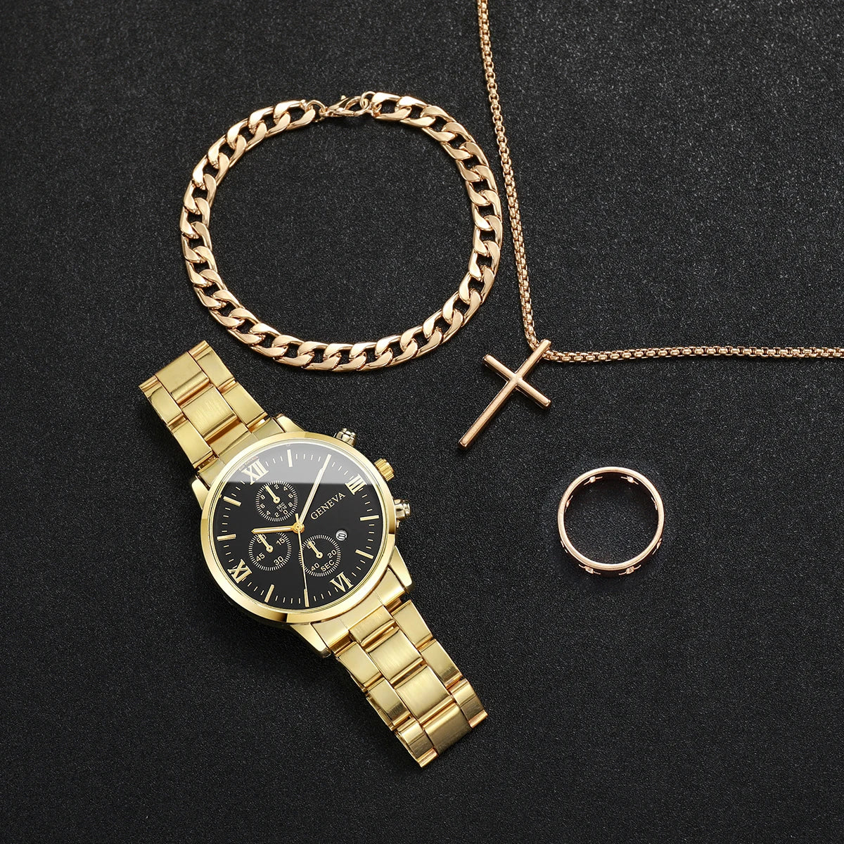 4PCS/Set Luxury Men's Calendar Watch Fashion Roma Dial Men Business Quartz Watches Jewelry Set Reloj Hombre（Without Box） - Uknowucme