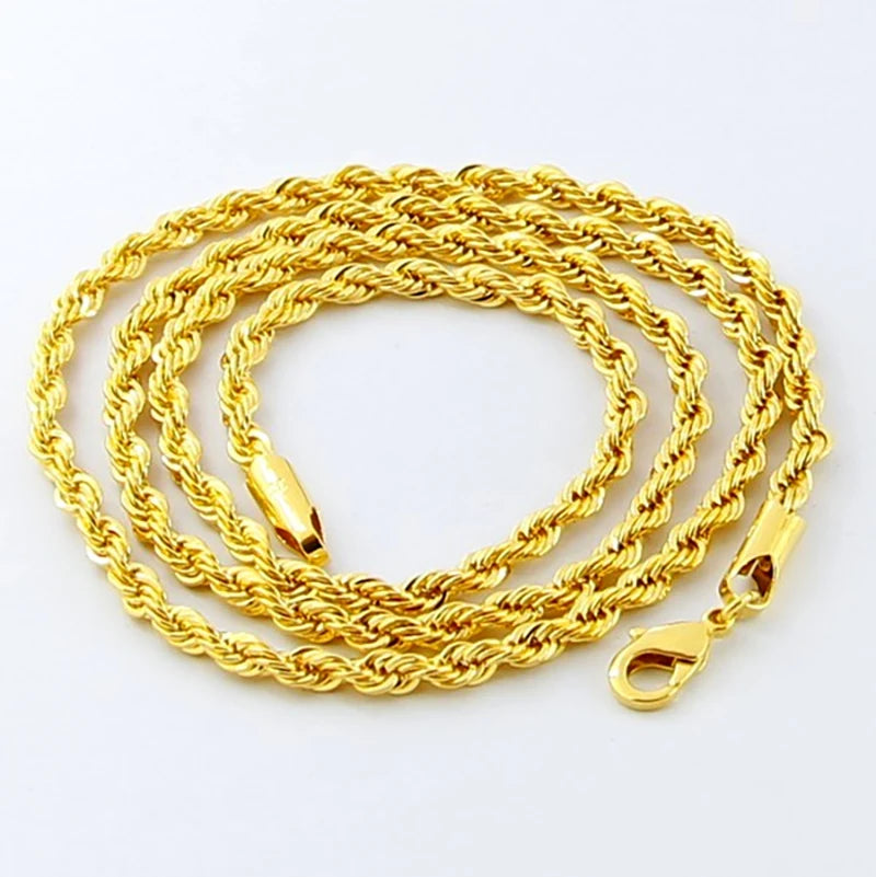 AGTEFFER Hip Hop 24K Gold Necklace 3MM Twisted Rope Twist Electroplating Gold Necklace for Men Women Wedding Jewelry Gifts - Uknowucme