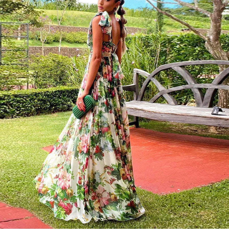 Sexy Summer Party Dress Women Fashion Bow Straps High Waist Pleated Beach Dress Chiffon Casual Floral Print Bohemian Long Dress - Uknowucme