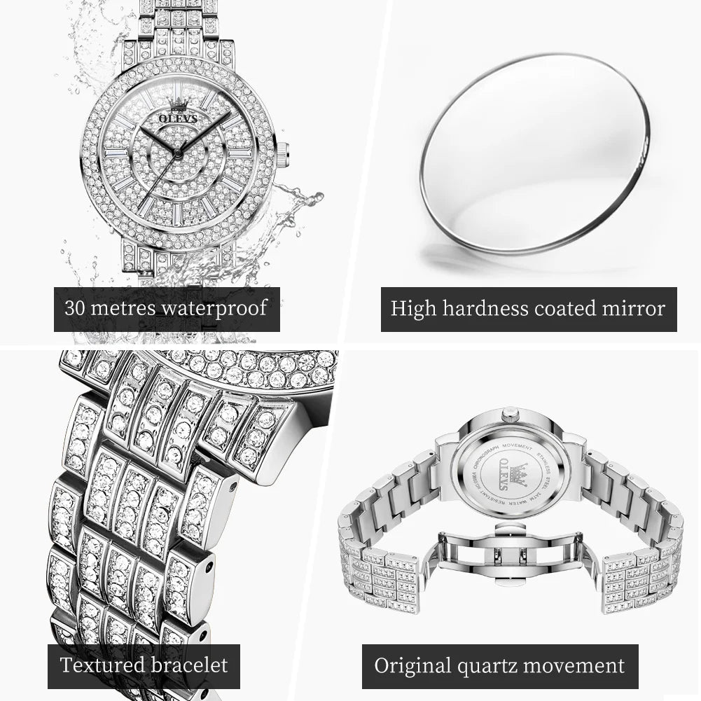 OLEVS Top Original Brand Women's Watches Elegant Luxury Full Diamond Quartz Watch for Lady's Waterproof Silver Female Wristwatch - Uknowucme
