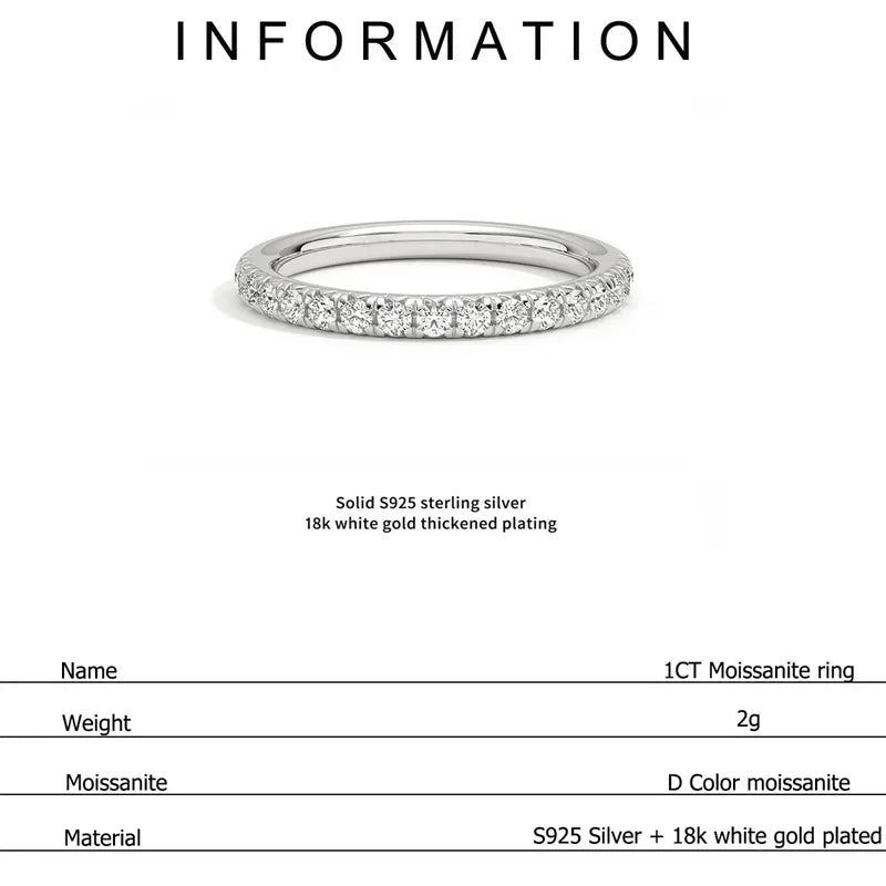 Moissanite Ring 925 Sterling Silver with White Gold Plated Full Diamond Eternity Band Engagement Wedding Rings for Women - Uknowucme