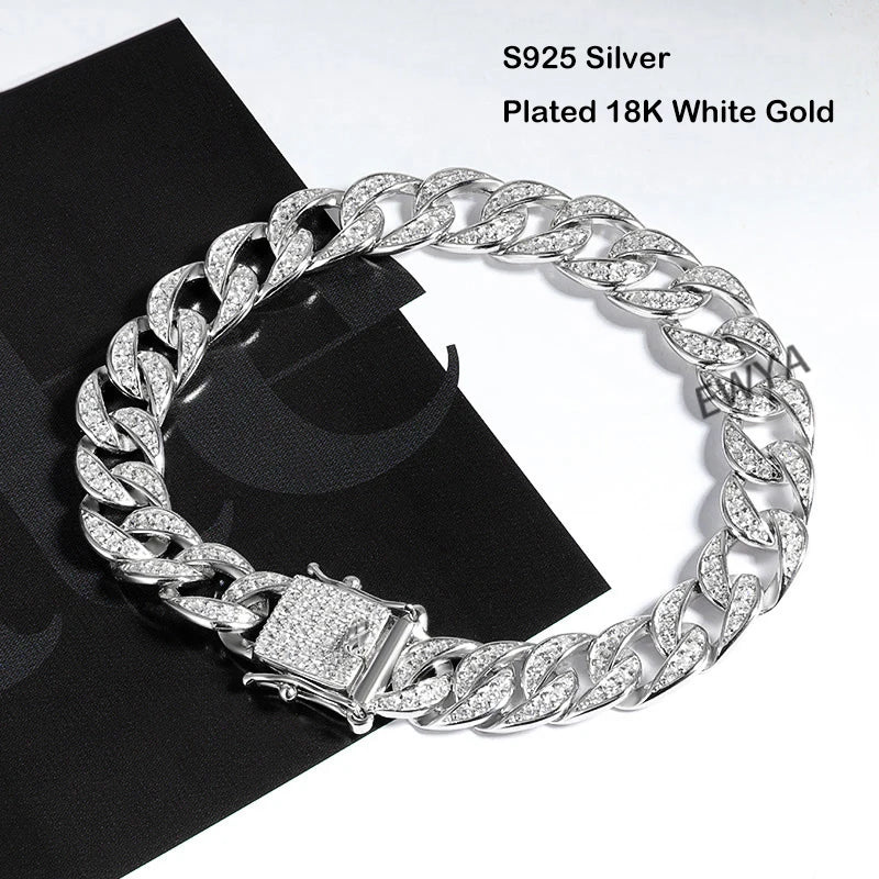 EWYA Full 1.2mm D Color Moissanite Cuban Chain Bracelet For Men Women S925 Silver Pass Diamond Test 8mm Wide Link Bracelets Gift - Uknowucme
