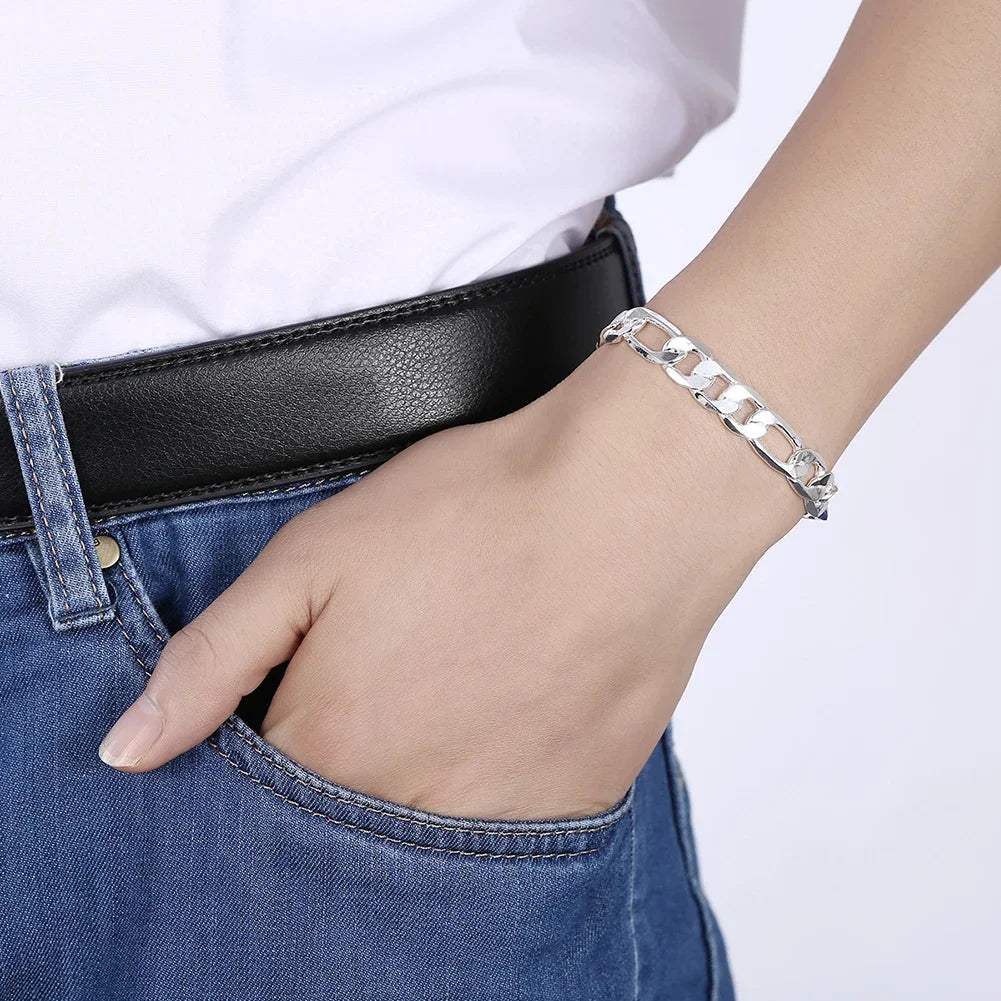 New luxury 925 Sterling silver classic 10MM Figaro Chain bracelets neckalces jewelry set for man women fashion party Accessories - Uknowucme