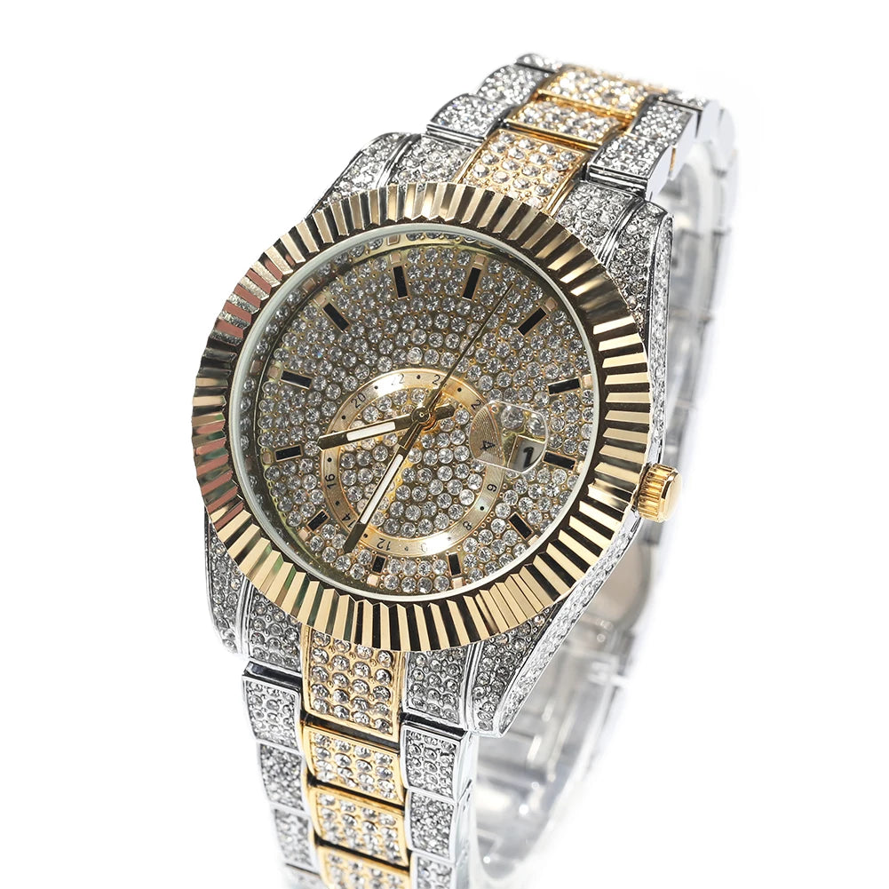 THE BLING KING Men's Watch Iced Out Quartz Clock Luxury Top Quality Rhinestone Automatic Date Business Waterproof Wrist Watches