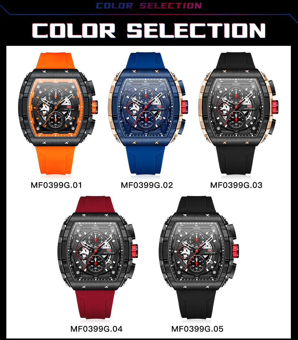 MINI FOCUS Chronograph Quartz Watch for Men Tonneau Dial Military Sport Wristwatch with Orange Silicone Strap Auto Date 0399 - Uknowucme