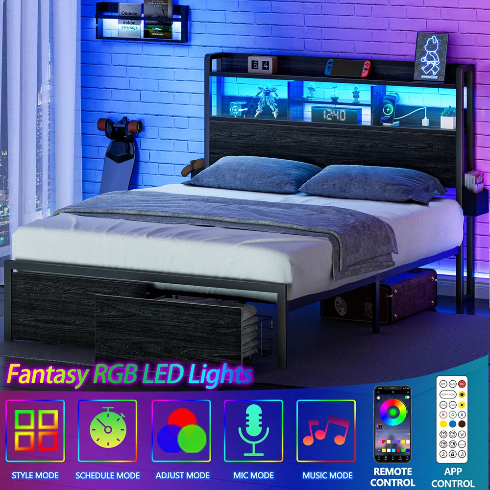 Full/Queen Size Bed Frame with Storage Headboard, Metal Platform Bed Frame with Storage Drawers, LED Lights and Charging Station - Uknowucme