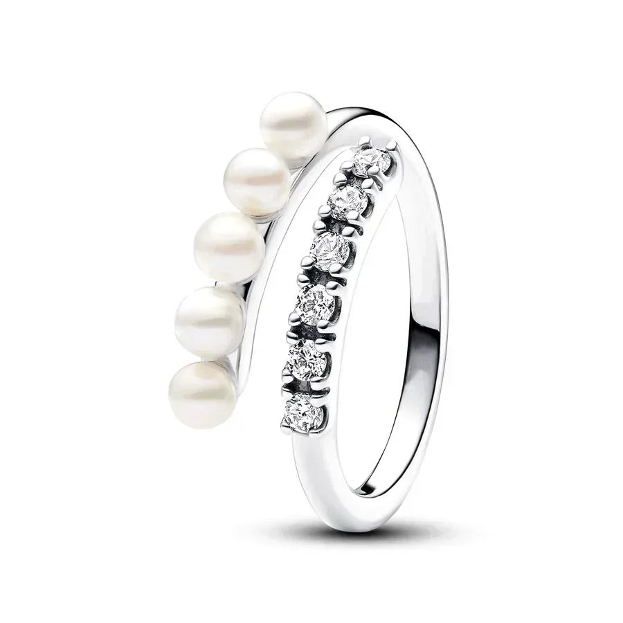 2024 New 925 Sterling Silver pretty Black Sparkling Row Eternity Overlapping Band Treated Freshwater Cultured Pearls Open Ring - Uknowucme