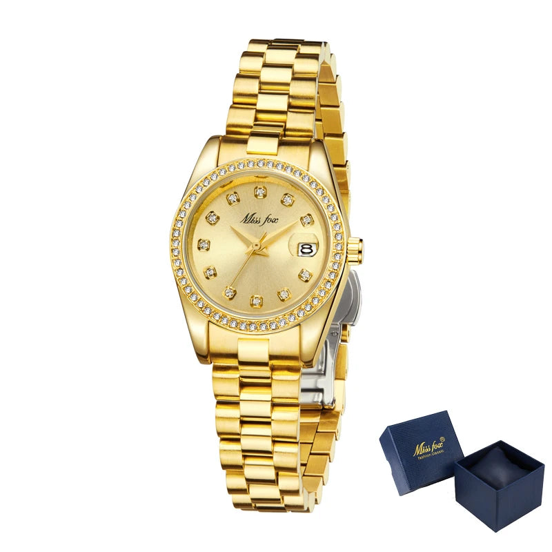 26mm Women Watches Calendar Quartz Wristwatches Iced Out Diamond Fashion Elegant Small Ladies Watch Stainless Gold Reloj Mujer