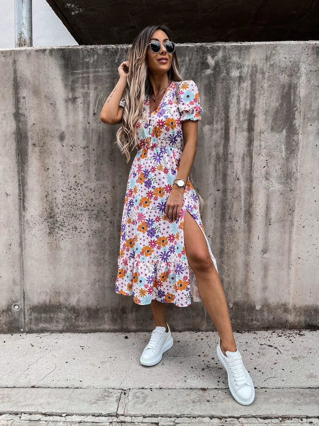 Summer Floral Print Dress Women V Neck Side Slit Long Dress Elegant Short Sleeve Button Slim Spring Female Party Dress Vestidos - Uknowucme