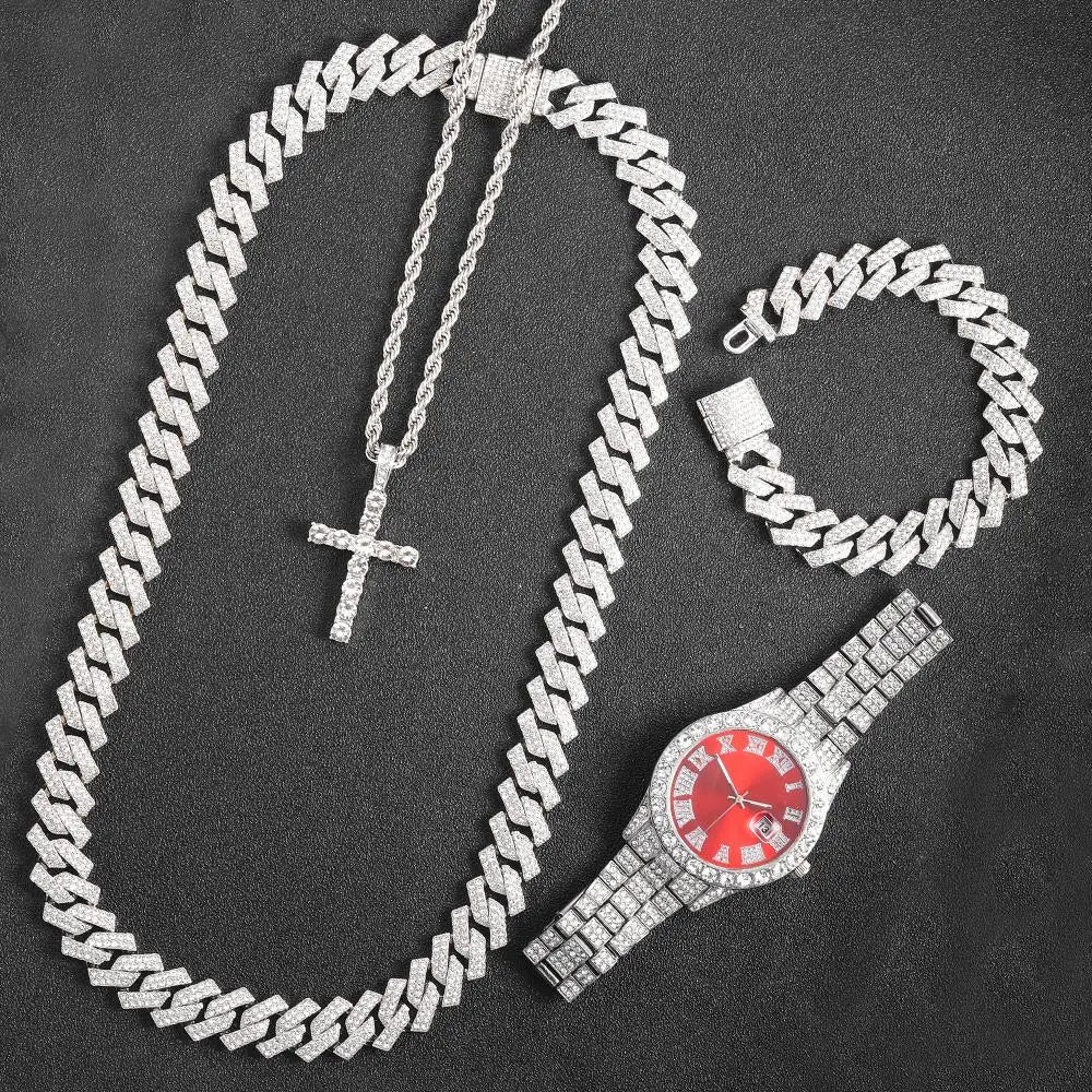16mm Hip Hop Miami Cuban Link Chain Set Necklace +Watch+Bracelet Creative Iced Out Shiny Trendy Stylish Jewelry For Women Men - Uknowucme