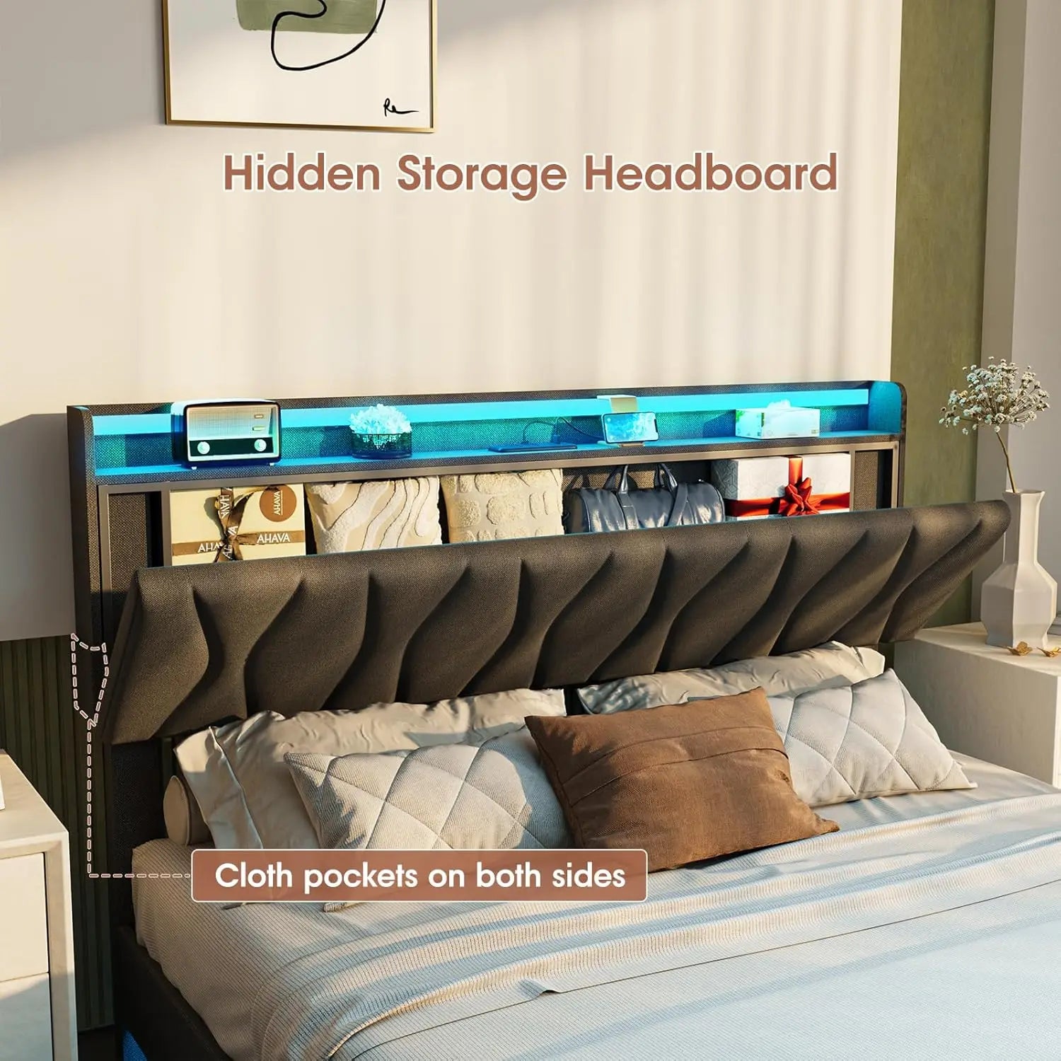 Vabches Floating Queen Bed Frame With Storage Headboard&LED Light Bed Frame with Charging Station Upholstered Platform Bed Frame - Uknowucme