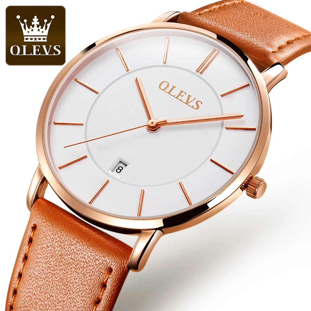 New In OLEVS Quartz Watch for Men Ultra Thin 6.5mm Minimalist Waterproof Date Bussiness Watch Fashion Leather Strap Men's Watch - Uknowucme
