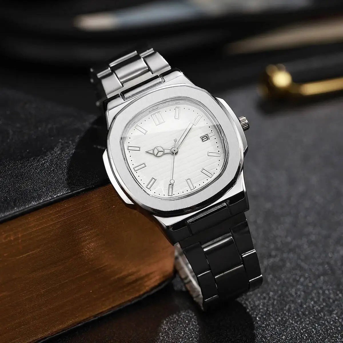 Fashion Square Men Business Watches Luxury Stainless Steel Strap Quartz Watch with Calendar For Mens Clock（Without Box） - Uknowucme