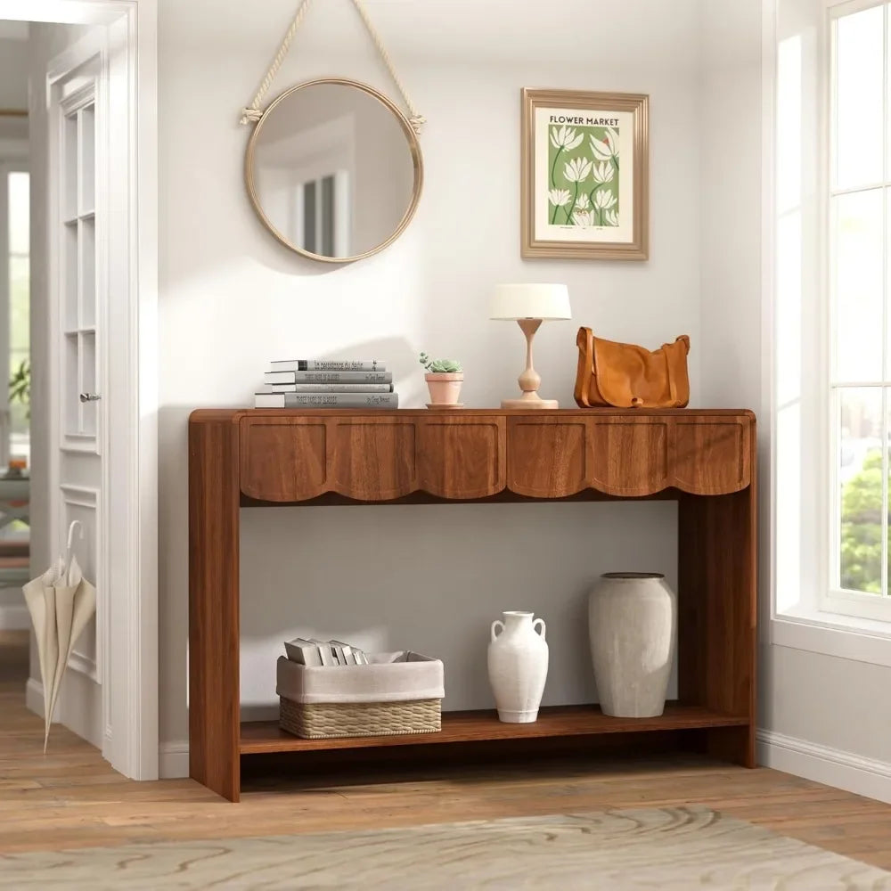 Console Table with Drawers, Mid-Century 43 Inches Narrow Entryway Tables with Open Storage Shelves, Hallway Accent Tables