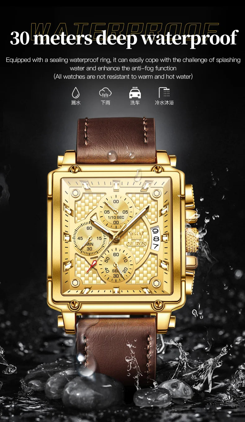 OLEVS Brand 9925 Men's Watches Gold Square Dial Quartz Male Watch Original Leather Strap Fashion Watch 30m Waterproof Top Ten - Uknowucme