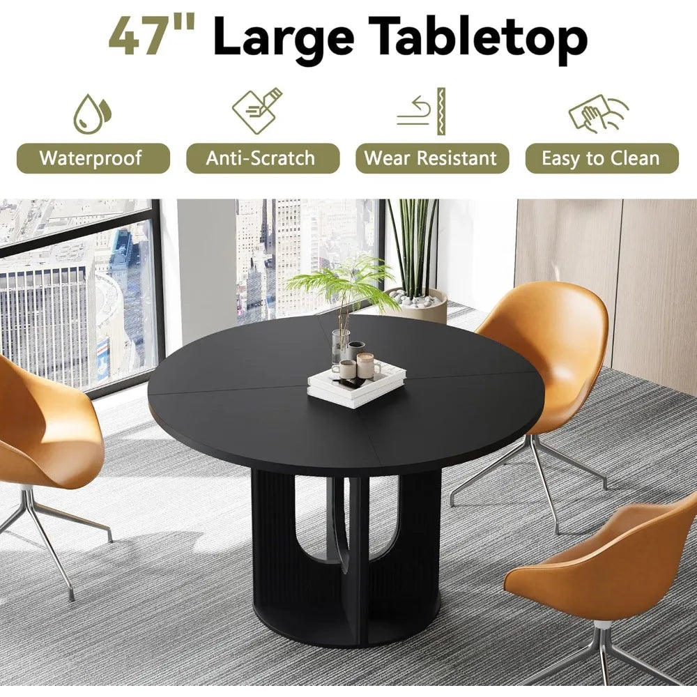 Farmhouse Round Fluted Dining Table for 4, 47 Inch Circle Kitchen Table with Wooden Pedestal Base, Dinner Tables for Home Living