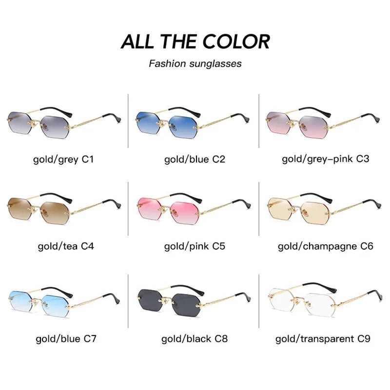 Rimless Rectangle Sunglasses Small Men Glasses Women Metal Gold Polygon Blue Shades 2024 UV400 Frameless - Uknowucme