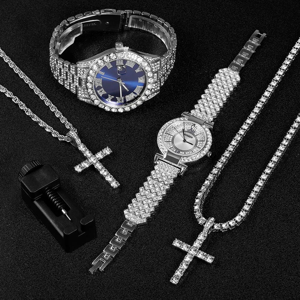 Stylish Hip-hop Couples Watch Jewelry Set Iced Out Punk Cross Pendant Necklace+Watch Men Women Luxury Party Gift Box Set