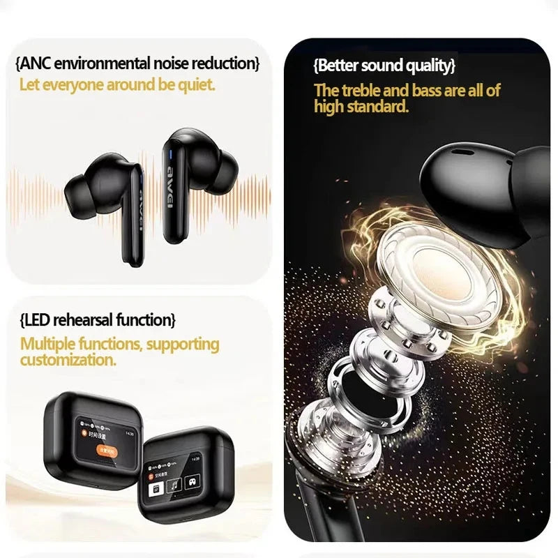 AWEI T56 ANC Wireless Bluetooth V 5.4 Earphones Noise Reduction Headphones Full-Color LED Touchscreen TWS Sport Headest With Mic