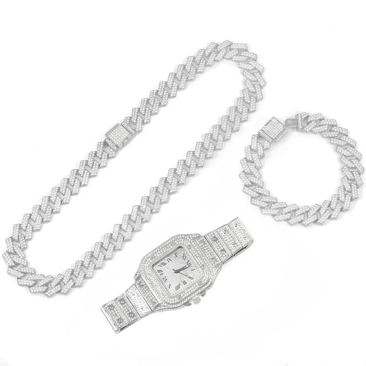 3pcs Men's Watch Set Hip-hop Punk Inlay Diamond Square Watch+Cuban Chain+Bracelet Comes With Strap Adjuster Stylish Jewelry Gift - Uknowucme