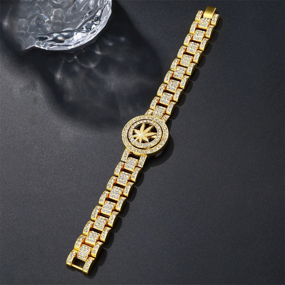 D&Z Hip Pop Full Iced Out CZ Stones Hand Watch Chain Bracelet For Men Rotating Leaves Bling Rhinestone Charm Hand Jewelry Gift