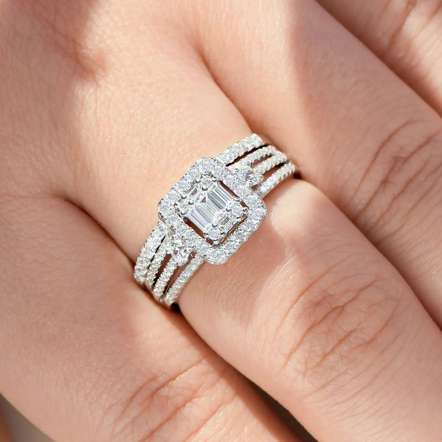 Newshe 925 Sterling Silver Original Wedding Rings for Women Emerald Cut Cubic Zirconia Bridal Set Engagement Band Fine Jewelry - Uknowucme