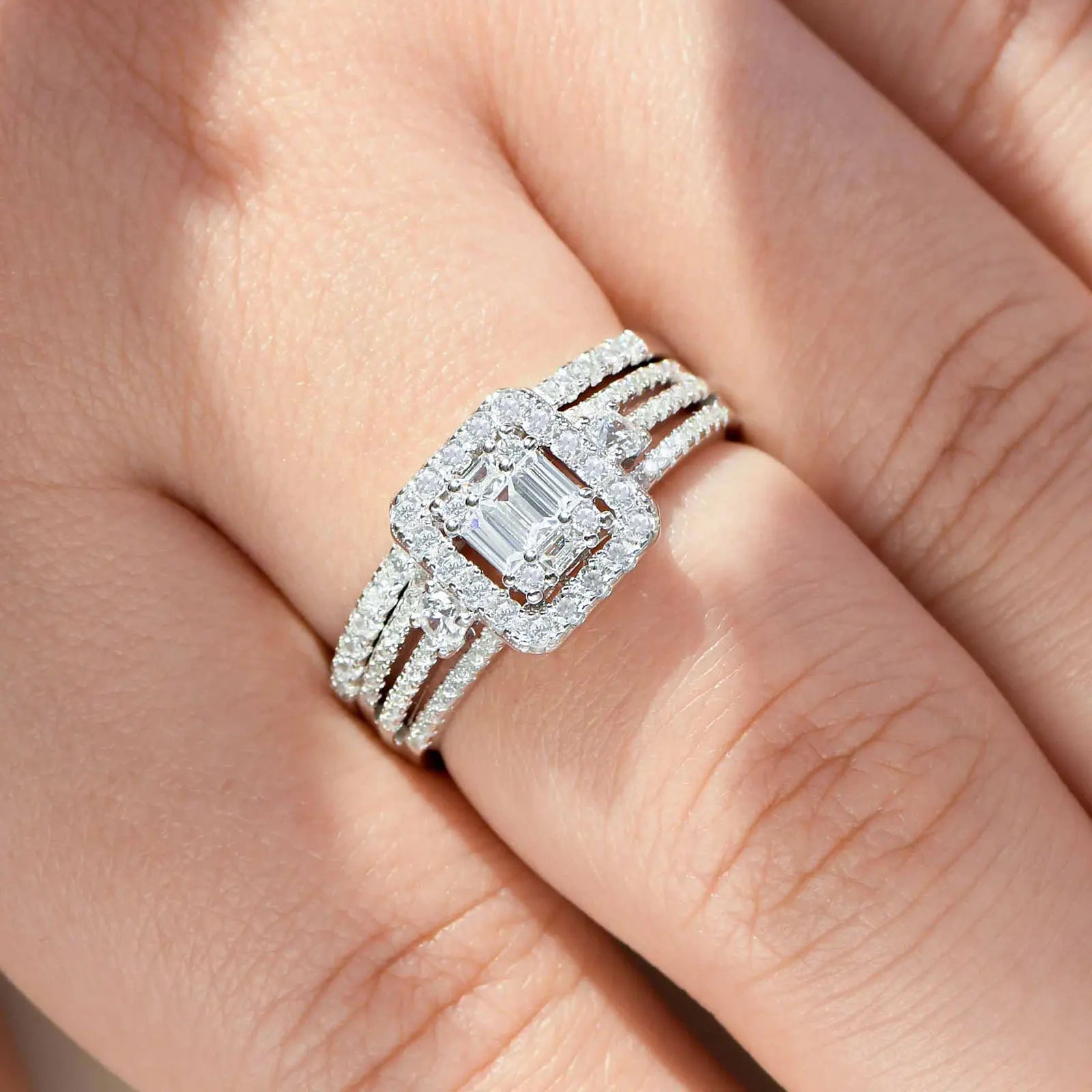Newshe 925 Sterling Silver Original Wedding Rings for Women Emerald Cut Cubic Zirconia Bridal Set Engagement Band Fine Jewelry - Uknowucme