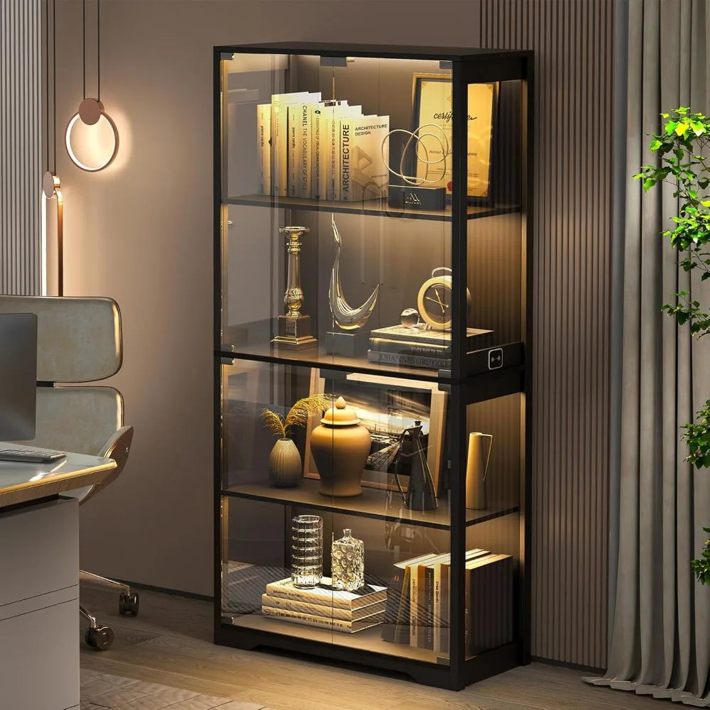 Display Cabinet with Glass Doors, 4-Tier Curio Cabinet&Bookcase with 3 Color Light for Collectibles,Toys, Books, Storage Cabinet - Uknowucme