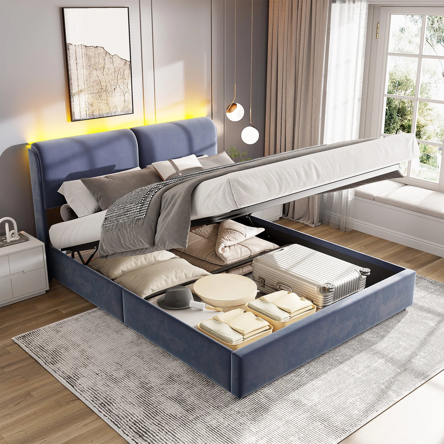Anajqaqia 160×200 cm Upholstered Double Bed, Hydraulic Bed with LED Light and Slatted Base,Under-bed Storage Space, Velvet, Grey