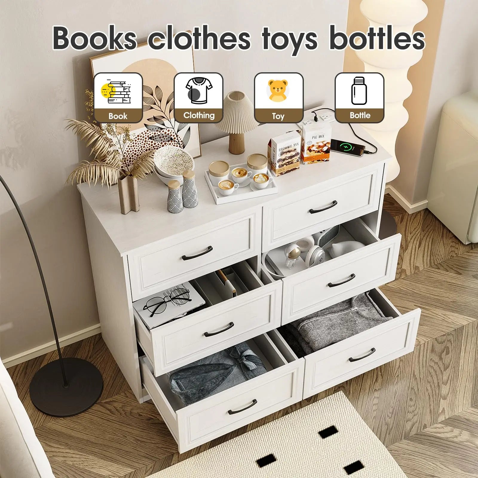 Vabches 6 Drawer Dresser for Bedroom Wood Chest of Drawers with Power Strip Tall Dresser Organizer with Metal Handle for Hallway - Uknowucme