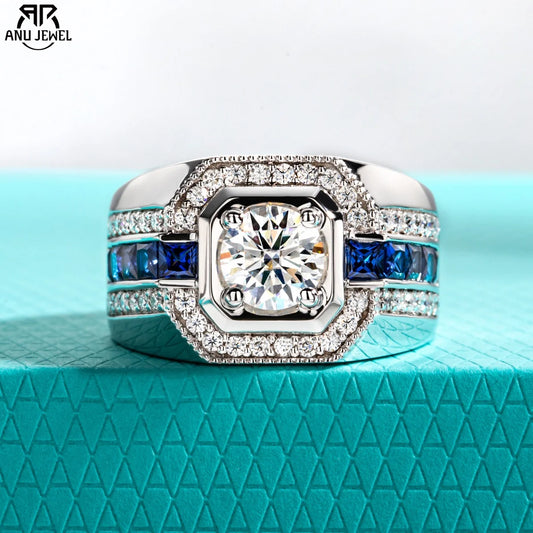AnuJewel Men's 1ct D Color Moissanite Ring 925 Sterling Silver Gold Plated Retro Luxury Lab Created Diamond Engagement Ring - Uknowucme