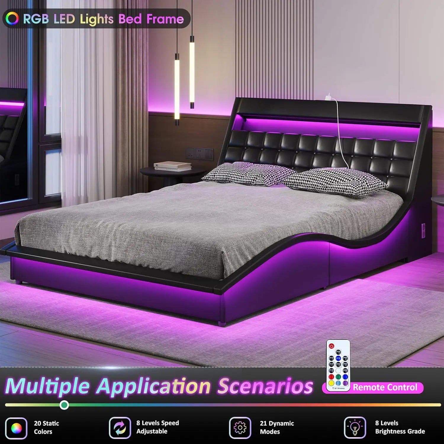 Vabches Full Size Bed Frame with Wave-Like Curve Design PU Leather Upholstered Platform Bed Frame w Charging Station&LED Lights - Uknowucme
