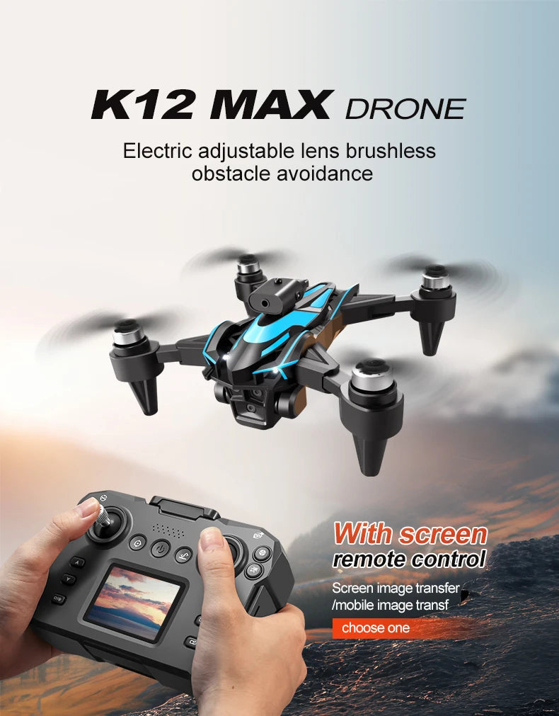 Drone New Upgrade with Screen Remote Control K12 MAX 8K HD Mini Dron Obstacle Avoidance Brushless Aerial UAV FPV Quadcopter Toys
